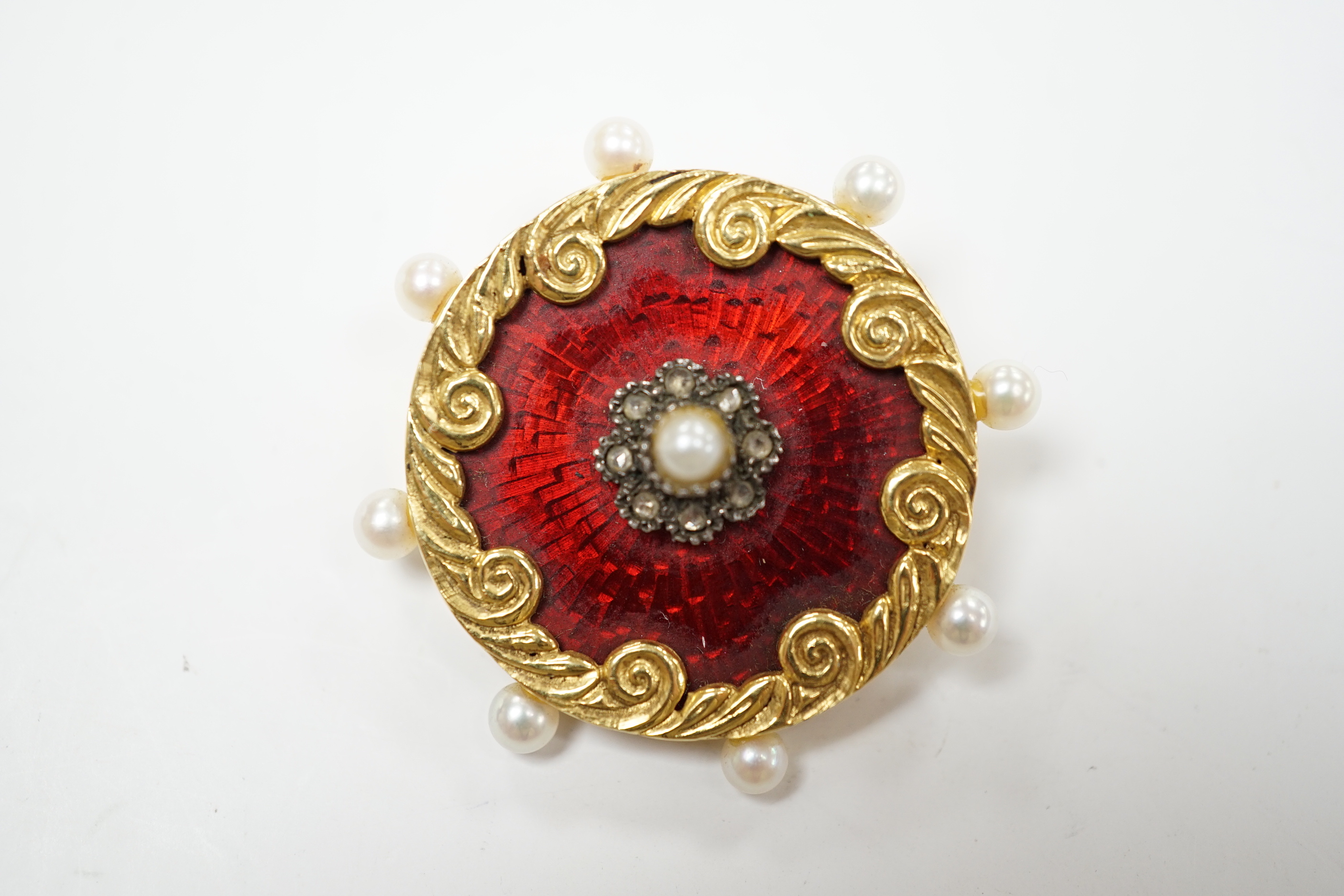 A 1960's 18ct gold, seed pearl, enamel and rose cut diamond set circular brooch, 35mm, gross weight 11.1 grams.